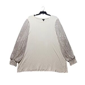 Torrid Sequin Sleeve Ribbed Top Women 5 Beige Long Sleeve Sparkle